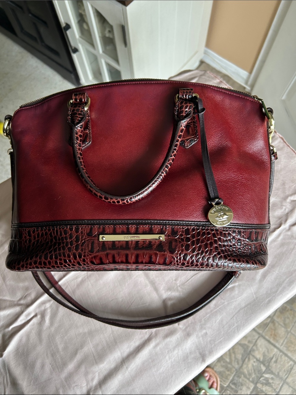 Brahmin Burgundy Leather Satchel with Croc-Embossed Trim